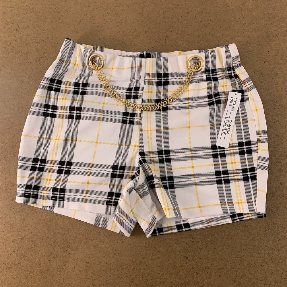 Body By Us Women's Size 2X White Black Plaid Chain Accent Stretch Pull On Shorts